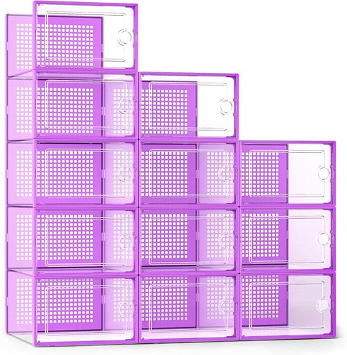 Kuject X-Large Shoe Storage Boxes - Clear Plastic Stackable 12 Pack | Sneaker & Toy Organizer Bins, Purple