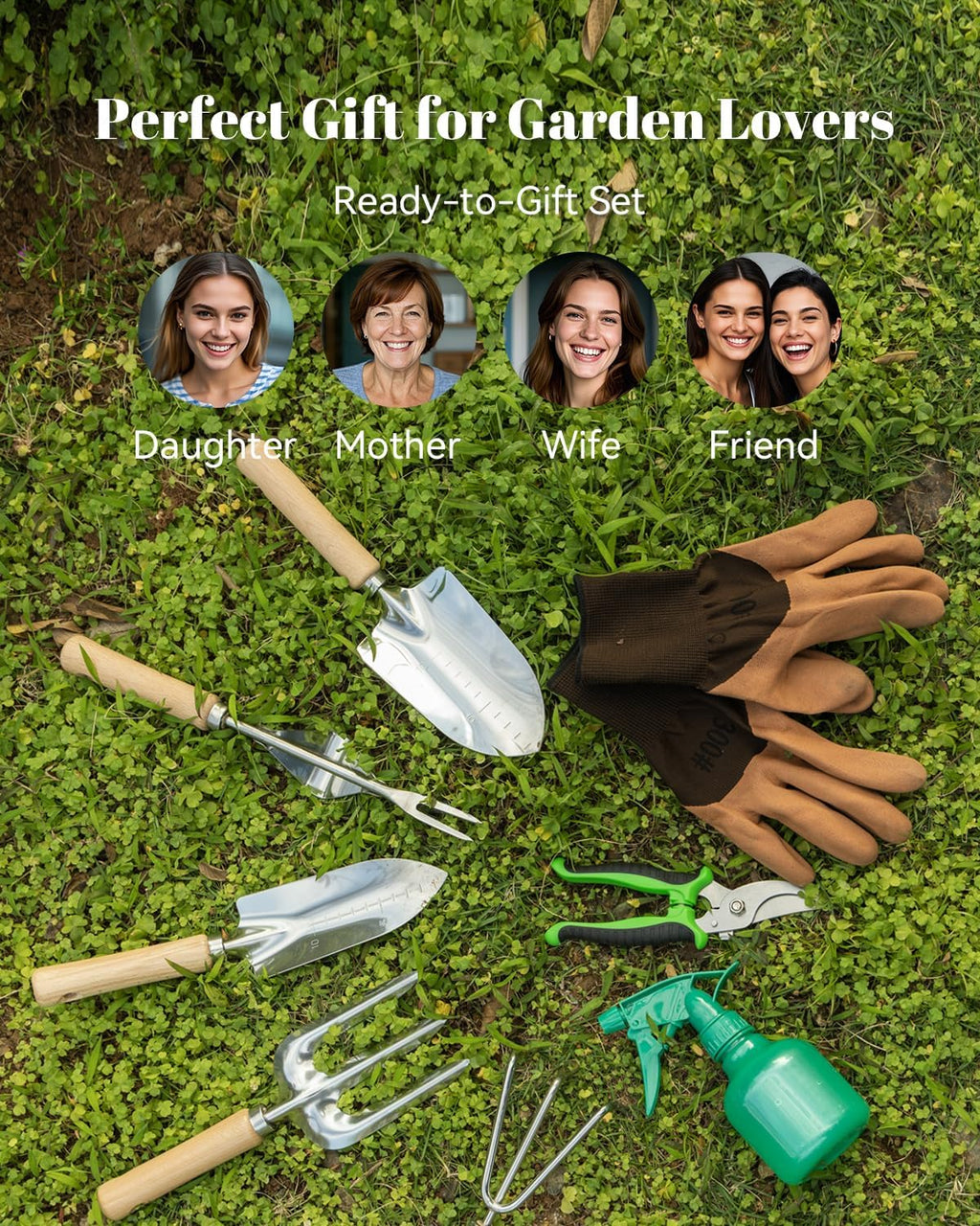 VerdantVibes 9-Piece Garden Tool Set - Heavy-Duty Ergonomic Hand Tools with Rust-Resistant Storage Bag | Perfect Gardening Gifts for Women
