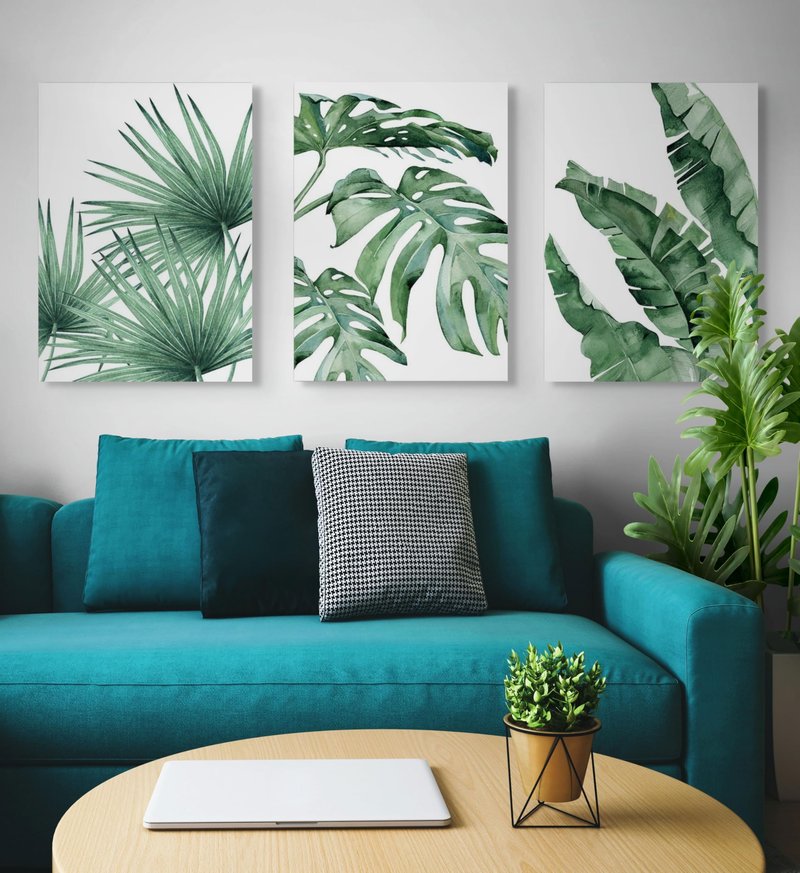 EAHunt Tropical Leaf Canvas Wall Art, Green Palm and Monstera Prints, Modern Botanical Wall Picture Minimalist Art Home Decor for Livingroom Bedroom Office 16"×24"×3-Piece Set