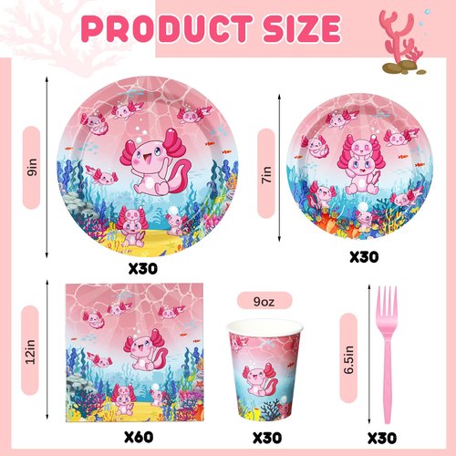 Yiyiring 180 Pcs Pink Cartoon Axolotl Plates Napkins Cups Forks Party Supplies Pink Reptile Animals Disposable Tableware Set Axolotl Birthday Decorations for Girls Animal Cartoon Party Serves 30