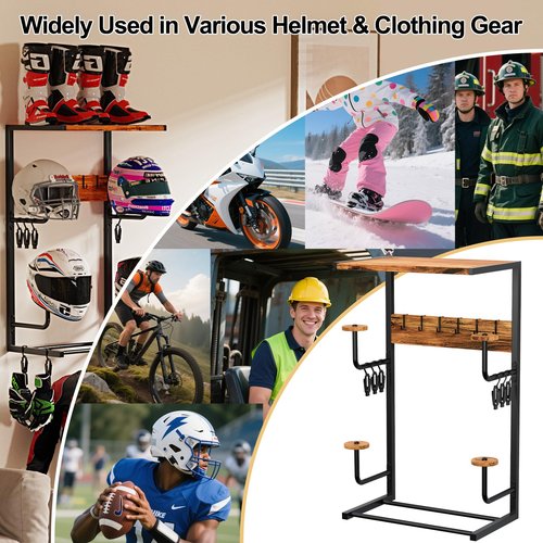 Motorcycle Helmet Rack Wall Mount,33.5"x20"x12" Universality Sport Gear Organizer with 6 Glove Clips & 6 Key Hooks,70LBS Capacity Storage Shelf for Helmets,Racing Suits,Jackets,Boots
