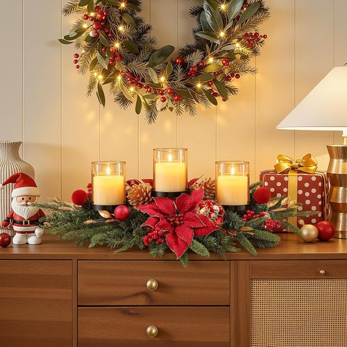 Alupssuc 28" Christmas Centerpiece - Elegant Candle Holder Tray with Baubles & Pine Cones for Holiday Decor