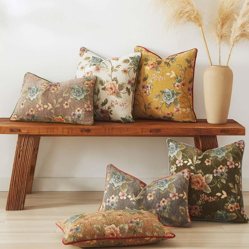 JUSPURBET Set of 2 Decorative Boho Throw Pillow Covers 22x22 Inch Farmhouse Cushion Cover Soft Floral Chenille Pillowcase with Piping for Couch Sofa Bed Living Room Home Decor,Khaki