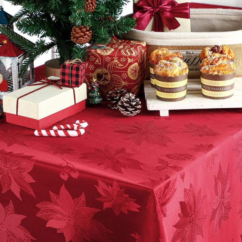 Tegeme Christmas Poinsettia Red Tablecloth Rectangular Reusable Holiday Damask Fabric Table Cloth Jacquard Washable Polyester Spillproof Table Cover for Dinner Xmas Decor(60 x 104 Inch)