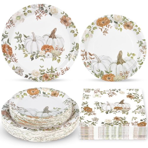 150Pcs Fall Paper Plates and Napkins Party Supplies Autumn Thanksgiving Disposable Plates Napkin White Pumpkin Plates Tableware Set for Fall Decor Thanksgiving Party Supplies,Serve 50 Guests
