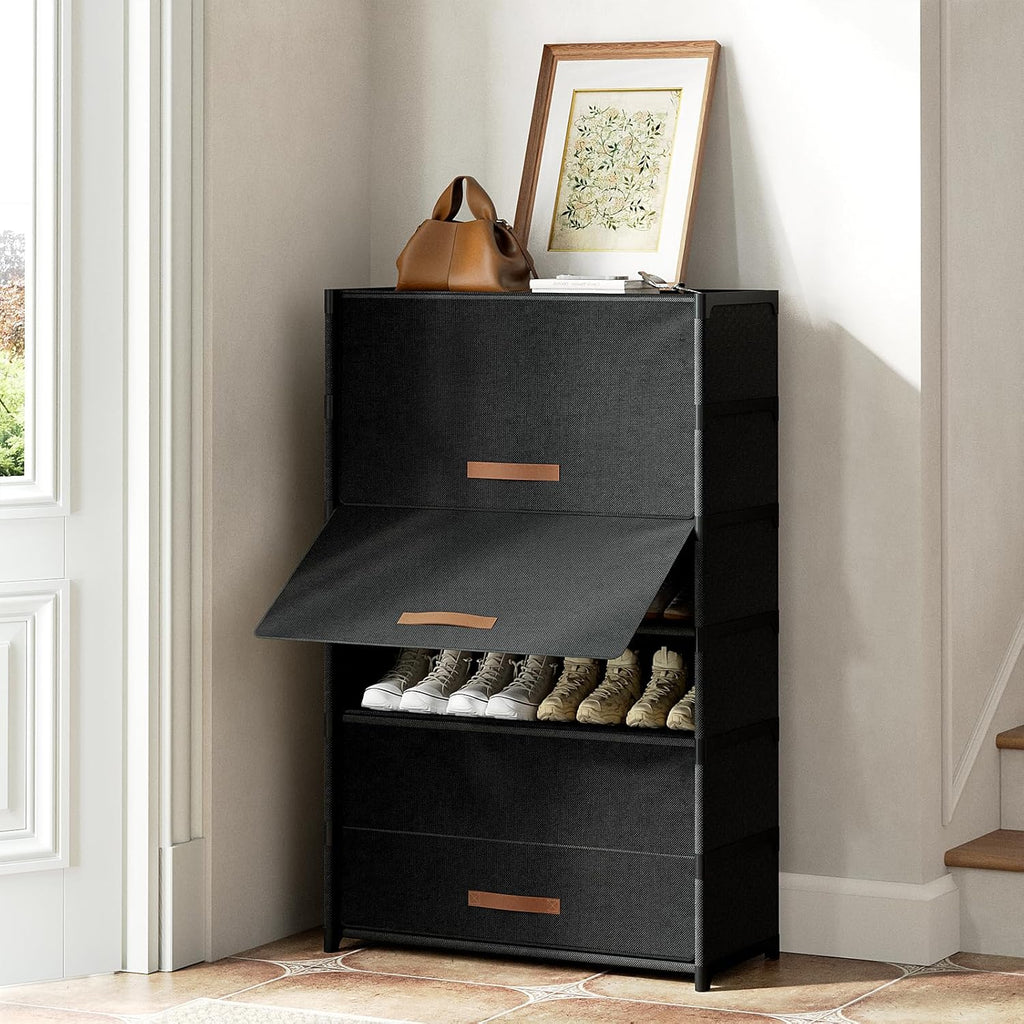Skiennix 7-Tier Shoe Rack - Stylish Storage Cabinet for 28 Pairs | Black Plastic Organizer for Closet & Entryway
