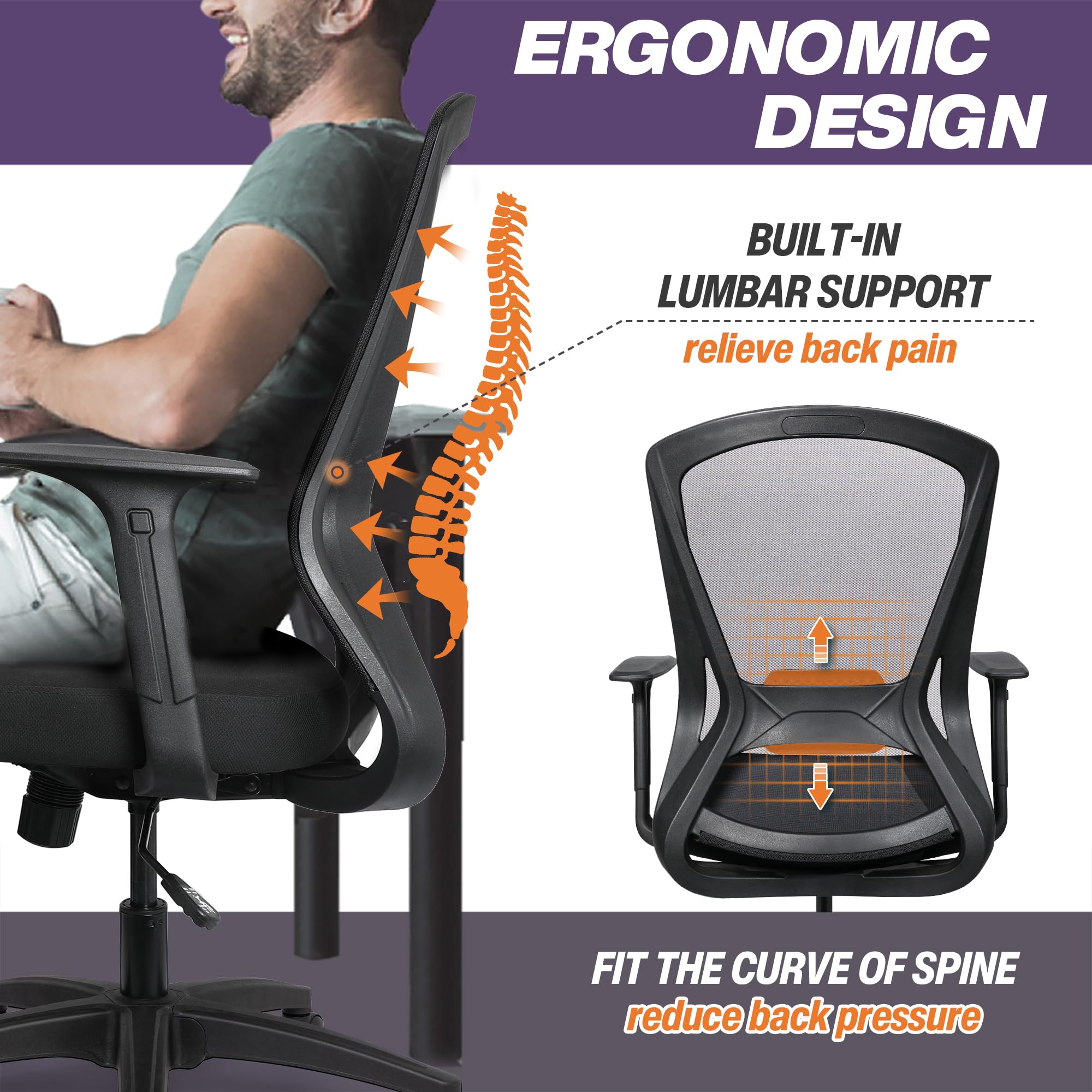 Ergonomic Rolling Comfy Computer Office Desk Task with Removable Armrests Adjustable Height for Big People Home Study Work