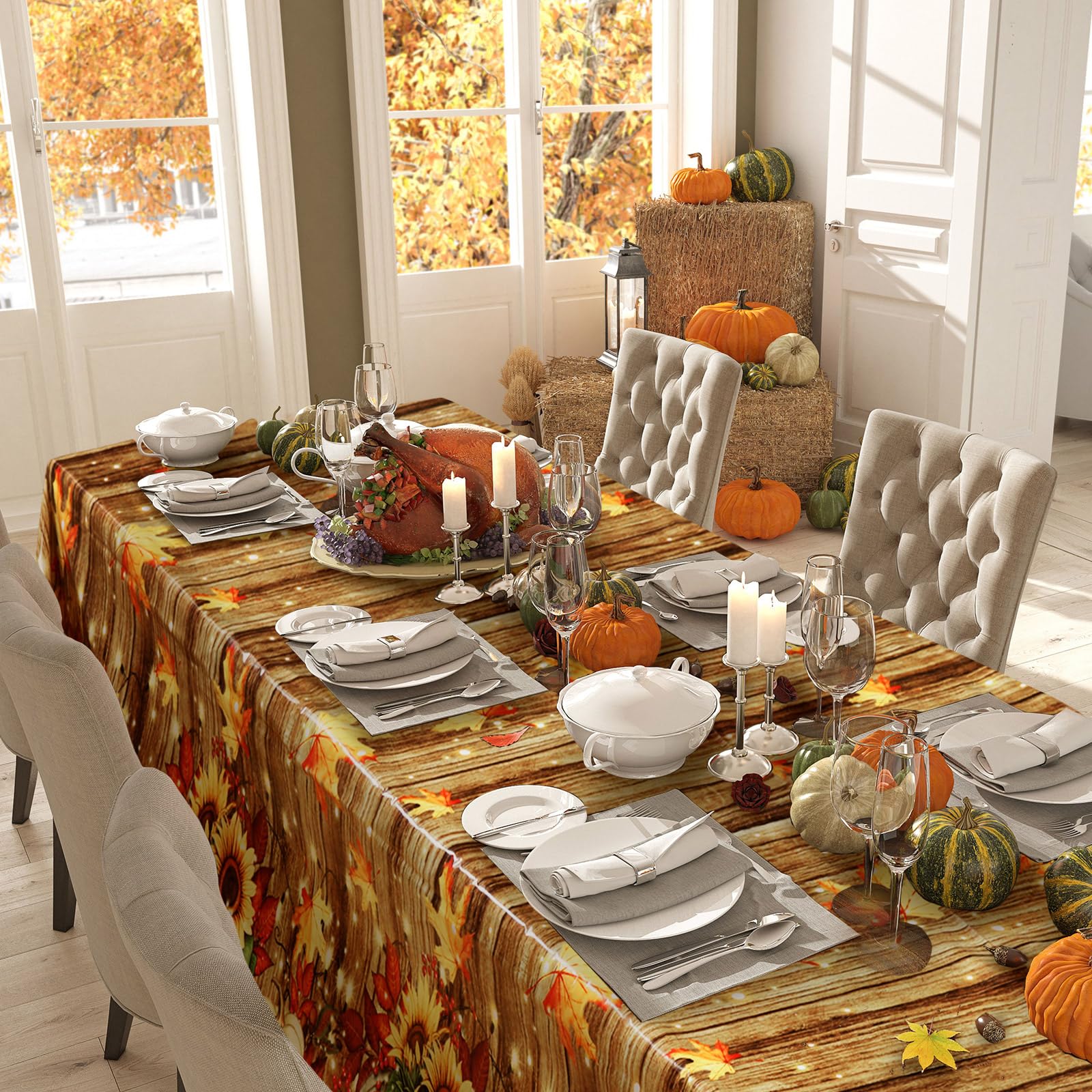 Tranqun 4 Pcs Fall Tablecloth 108 x 54 Inch Plastic Thanksgiving Pumpkin Tablecloth Rectangle Fall Autumn Harvest Maple Leaves Plastic Table Cover for Kitchen Thanksgivingparty Decorations Home