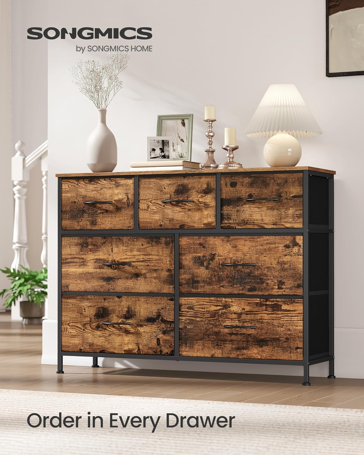 SONGMICS Dresser - 7-Drawer Storage Organizer Unit for Bedroom or Entryway - Rustic Brown & Ink Black