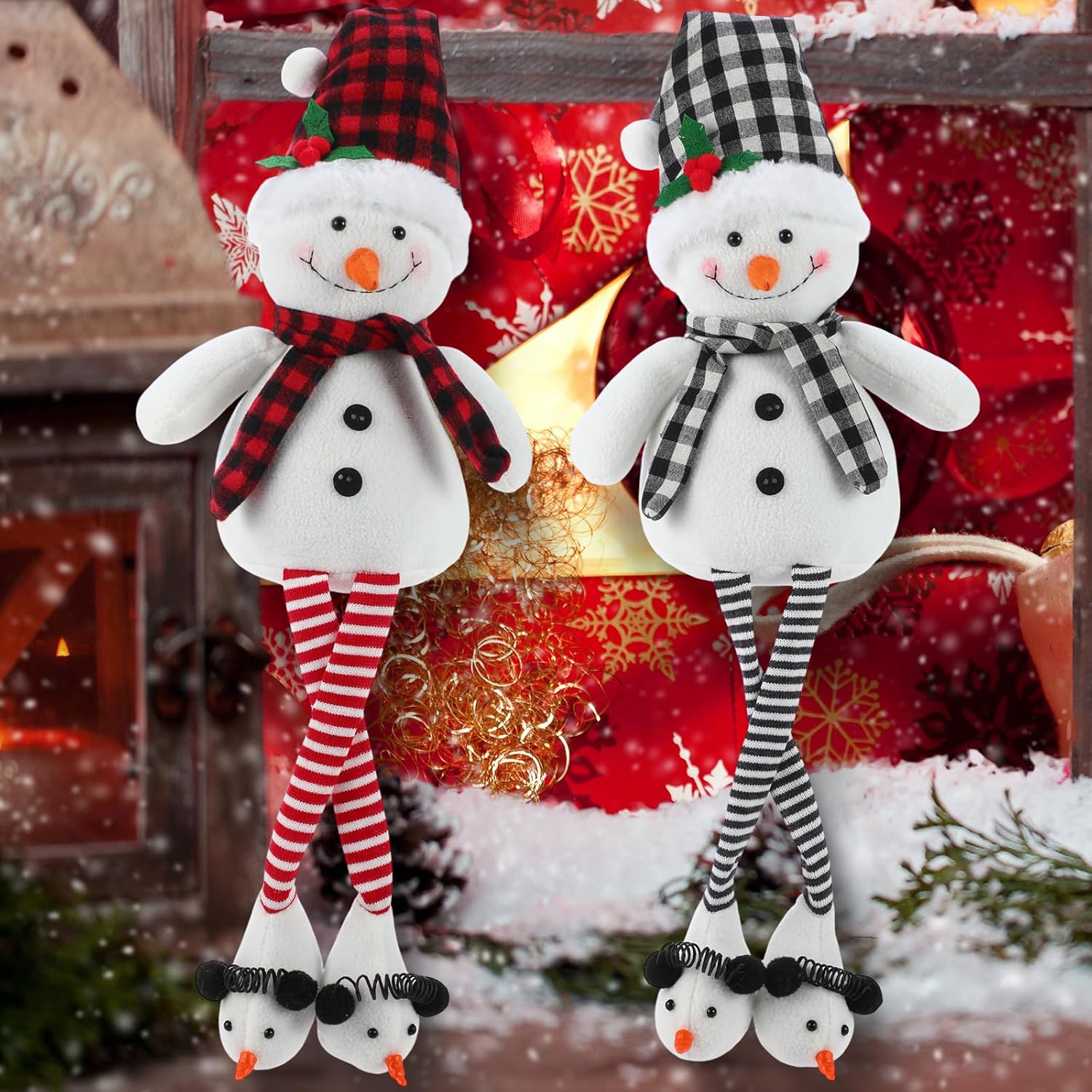 Threehoney Plush Snowman Decor - 2 Pcs 27.6" Sitting Stuffed Toy with Scarf & Hat | Rustic Christmas Tabletop Ornaments