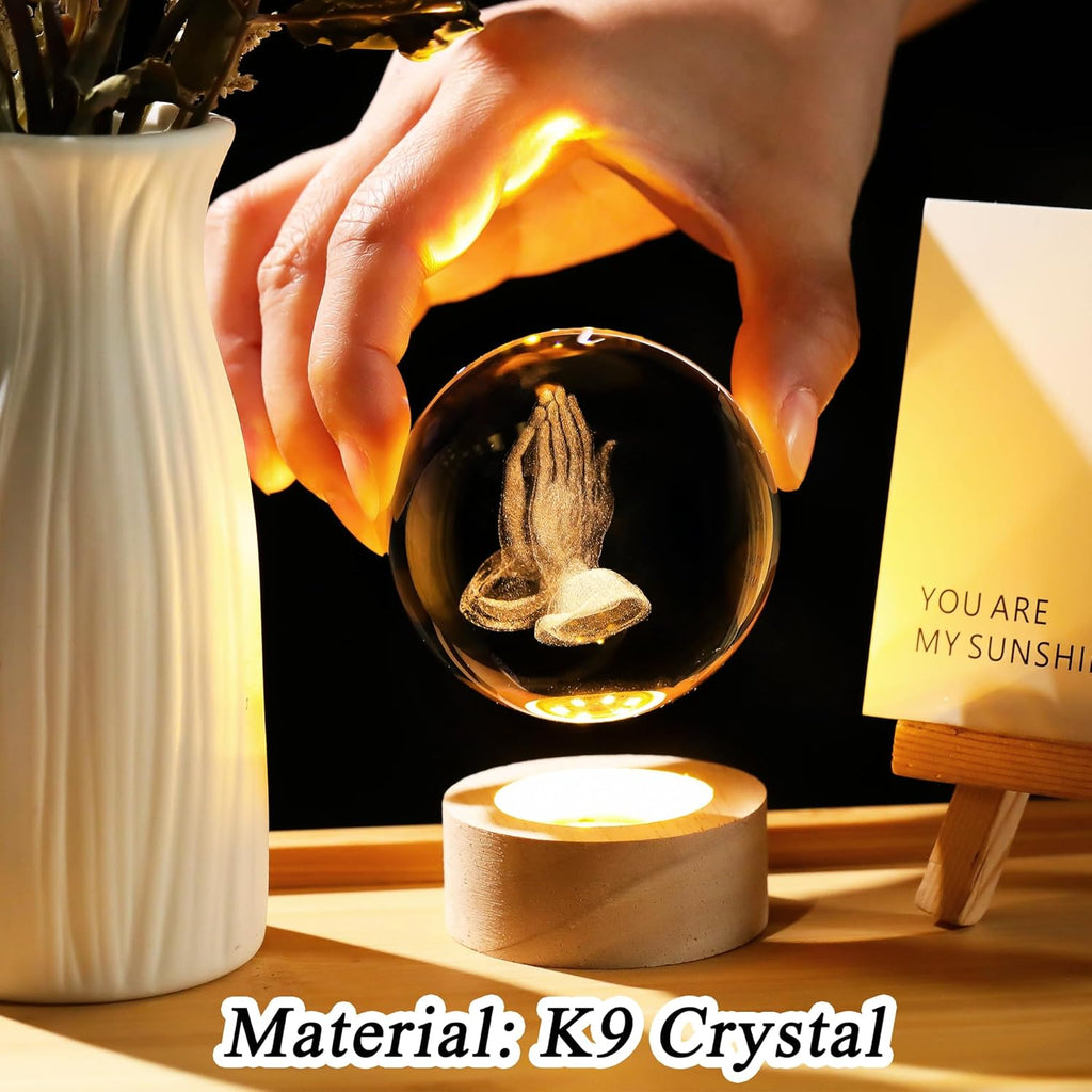 3D Hands Prayer Crystal Ball - Religious Glass Figurine with Wooden Base | 2.36-Inch Night Light Decor
