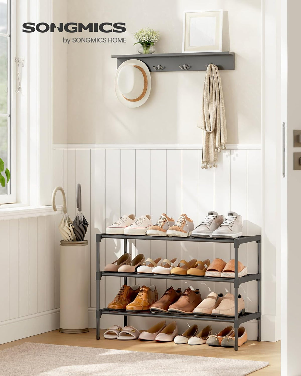 SONGMICS 3-Tier Shoe Rack - Compact Metal Organizer for Small Spaces | Stackable Design, Black, 11.8 x 24.5 x 19.1 Inches