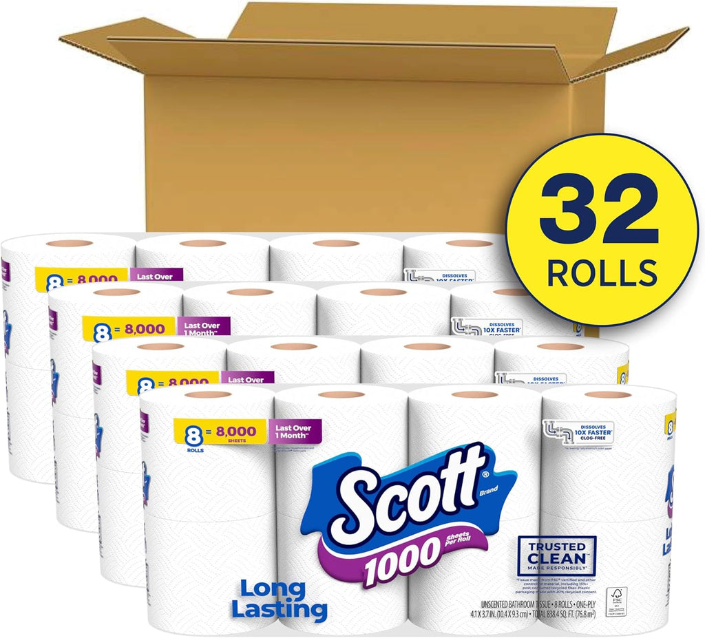 Scott 1000 Toilet Paper - Trusted Clean, Septic-Safe, 1-Ply | 32 Rolls for Ultimate Comfort