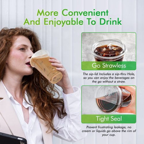 [90 PACK] 20 oz Clear Plastic Cups With Strawless Sip Lids, Disposable Plastic Cups With Sip Through Lids for Ice Coffee, Smoothie, Slurpee, or Any Cold Drinks