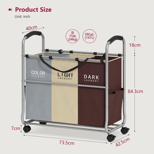 Tajsoon 3 Bag Laundry Cart, Laundry Hamper Sorter with Heavy Duty Lockable Wheels, Laundry Basket Organizer with Removable Bags, Laundry Separator Hamper for Clothes Storage, Gray+Beige+Red