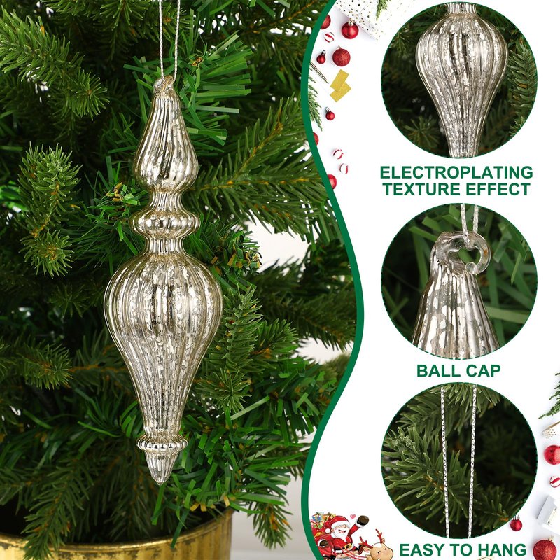 Suttmin 12 Pcs Crystal Glass Finial Christmas Ornaments Large Hanging Christmas Finials Hanging Christmas Tree Decorations for Xmas Tree Decoration Holiday Decor (Silver)