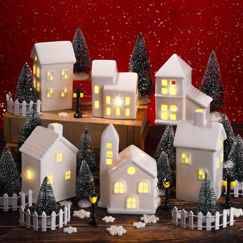 Fovths LED Lighted Winter Village Building Figurines - 39-Piece Holiday Desktop Ornament Set