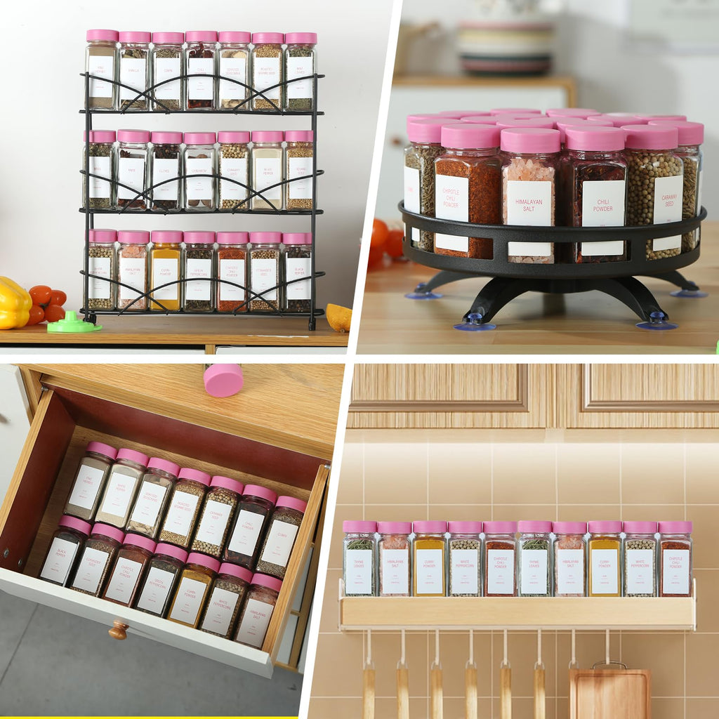 TESUNMU Pink Spice Jars with Label，4oz Seasoning Containers, Glass Spice Bottles with Shaker Lids,Funnel, Chalk Pen (Pink, 24)