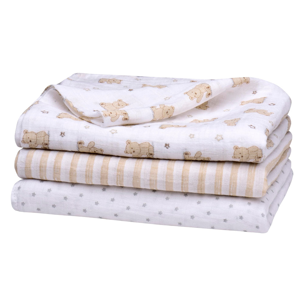 3 Pack Cotton Muslin Swaddle Blankets for Baby, 40" x 36", Lightweight, Breathable, Tan, (Little Me Bingle Bear)