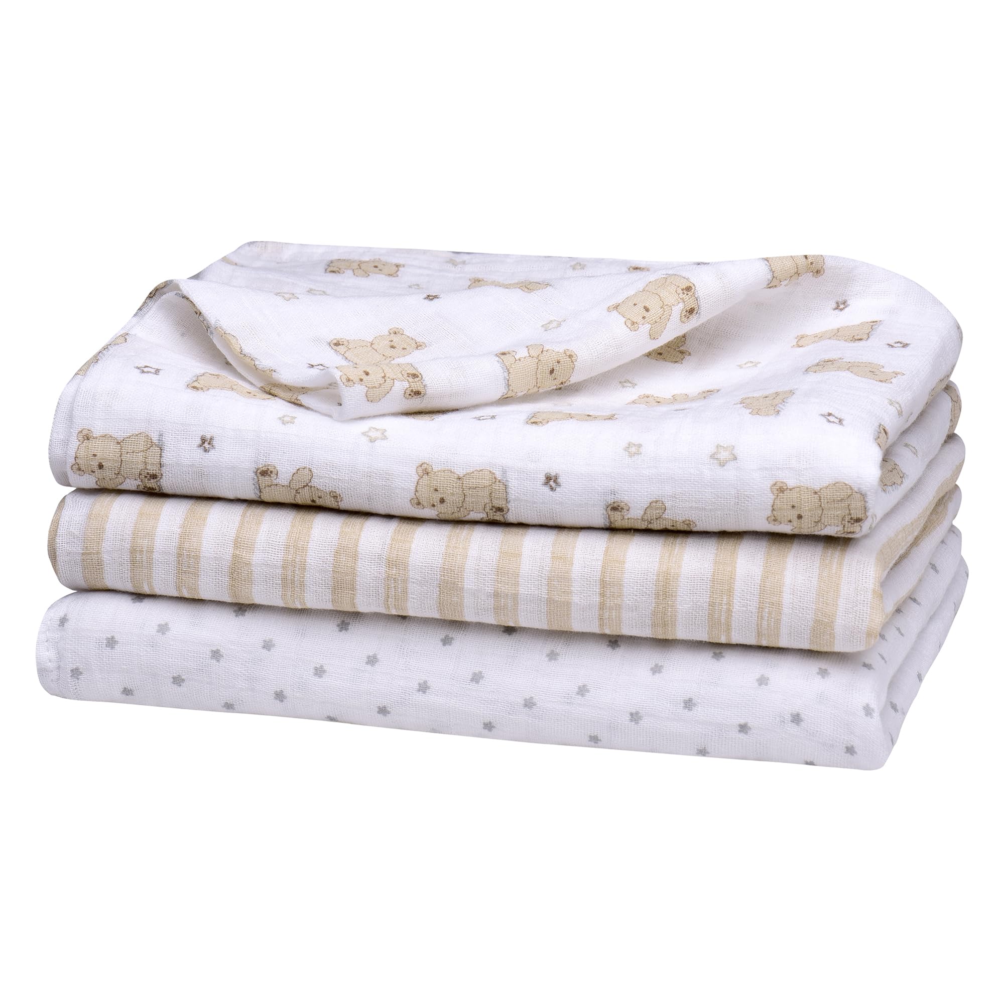 3 Pack Cotton Muslin Swaddle Blankets for Baby, 40" x 36", Lightweight, Breathable, Tan, (Little Me Bingle Bear)