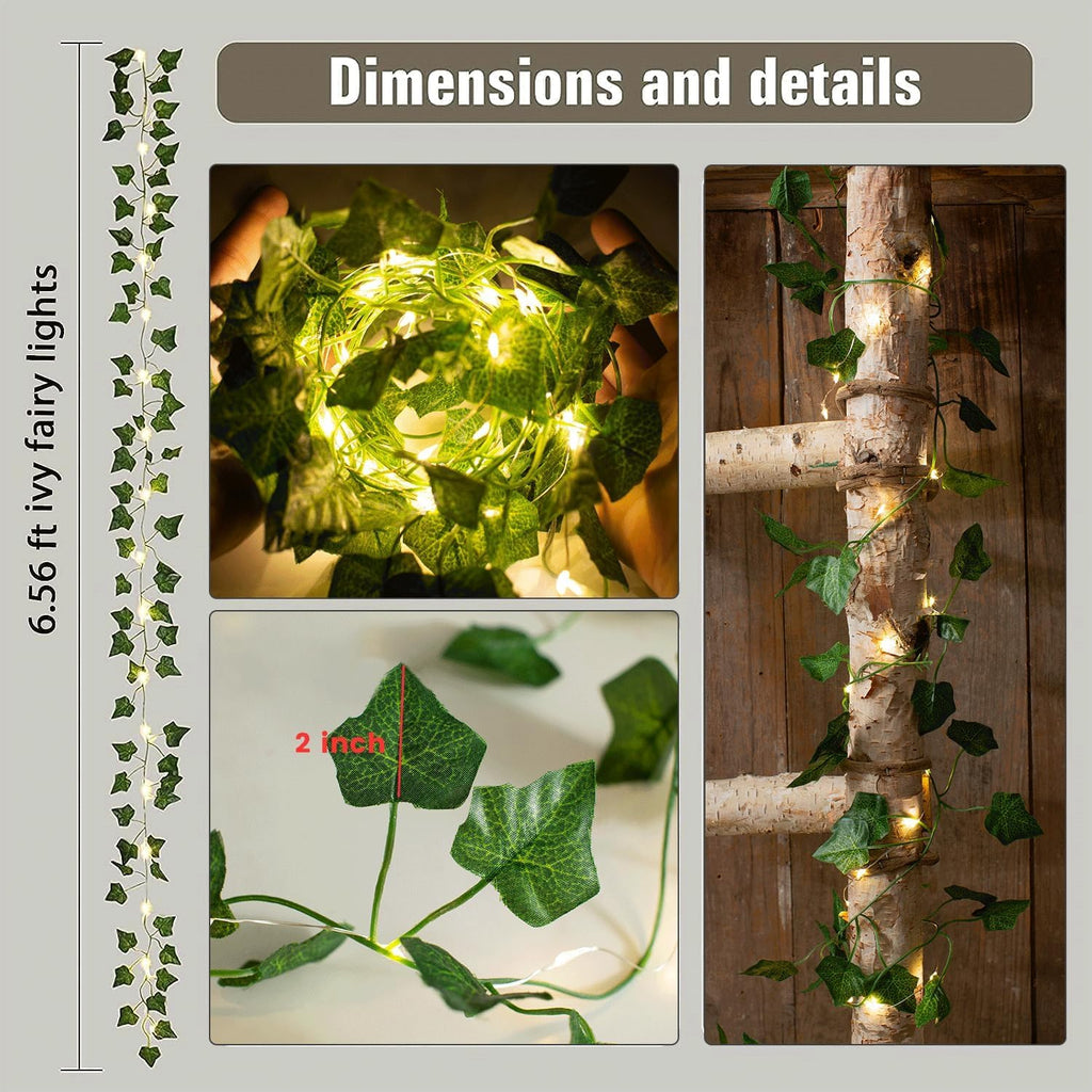 Skiennix Fairy Lights Vine - 2 Pack 40 LEDs Green Ivy String Lights | Battery Operated Decorative Garland for Bedroom & Dorm Wall Decor