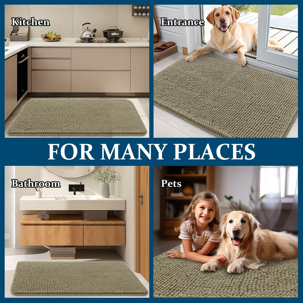 OLANLY Dog Door Mat - Absorbent Non-Slip Mud Mat for Indoor Use | 59x35, Quick Dry Chenille in Warm Taupe