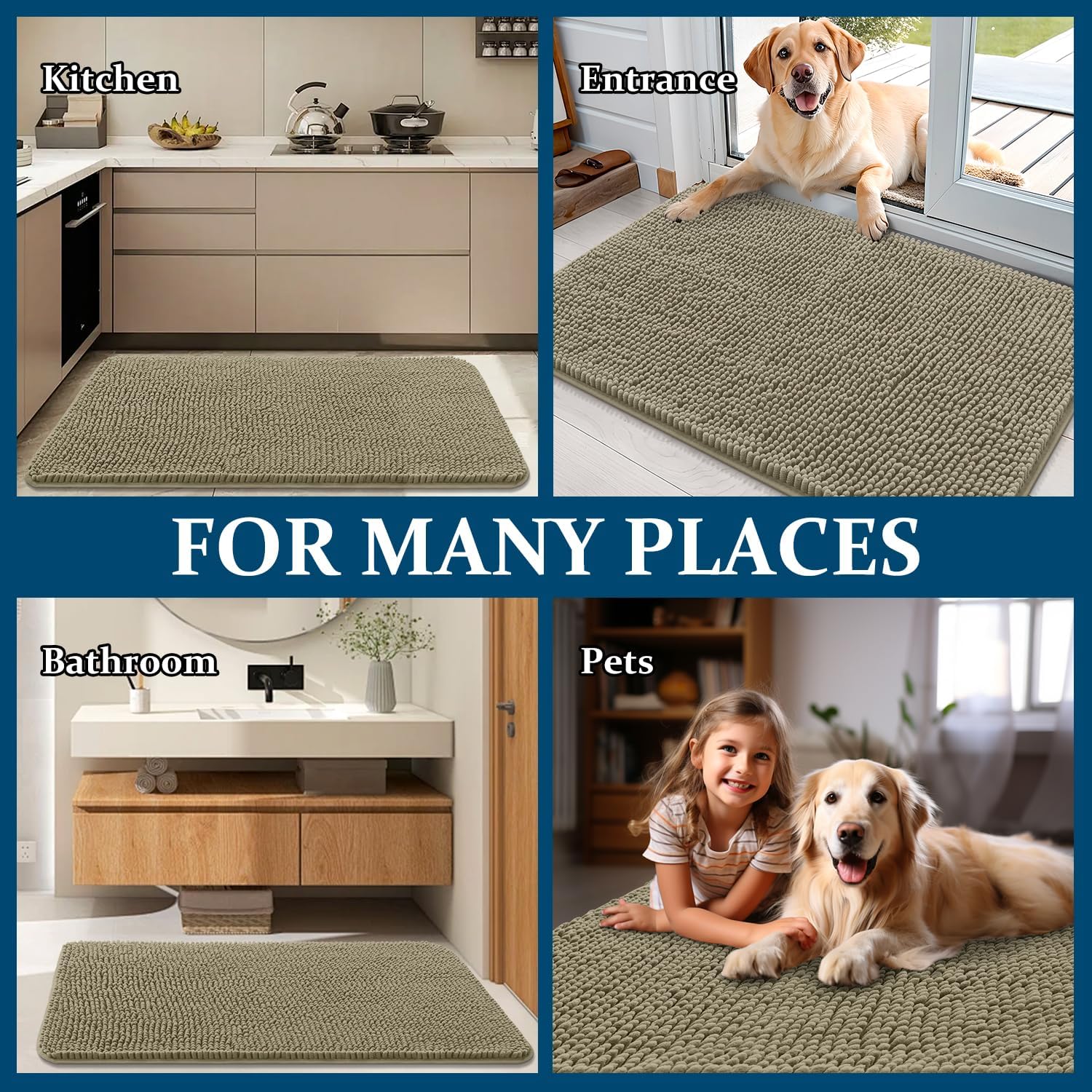 OLANLY Dog Door Mat - Absorbent Non-Slip Chenille Mud Mat for Muddy Paws | 59x20 Warm Taupe