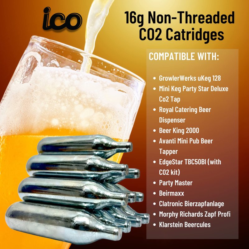 ICO C02, 10pcs, 16g CO2 Cartridges Non-Threaded, Food Grade CO2 Cartridges for Kegs and Beer Dispensers