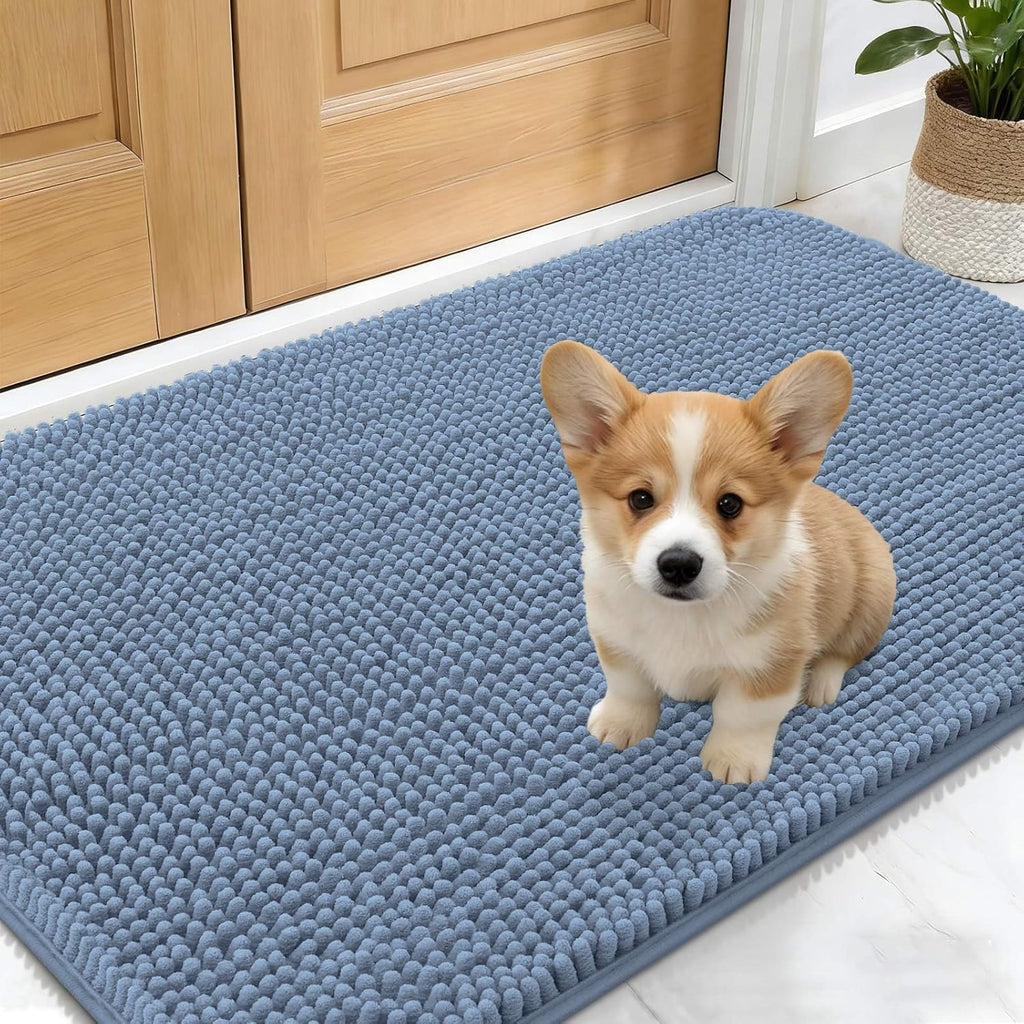 OLANLY Dog Door Mat - Absorbent Non-Slip Chenille Mat for Muddy Paws | 30x17 Inches, Airy Blue