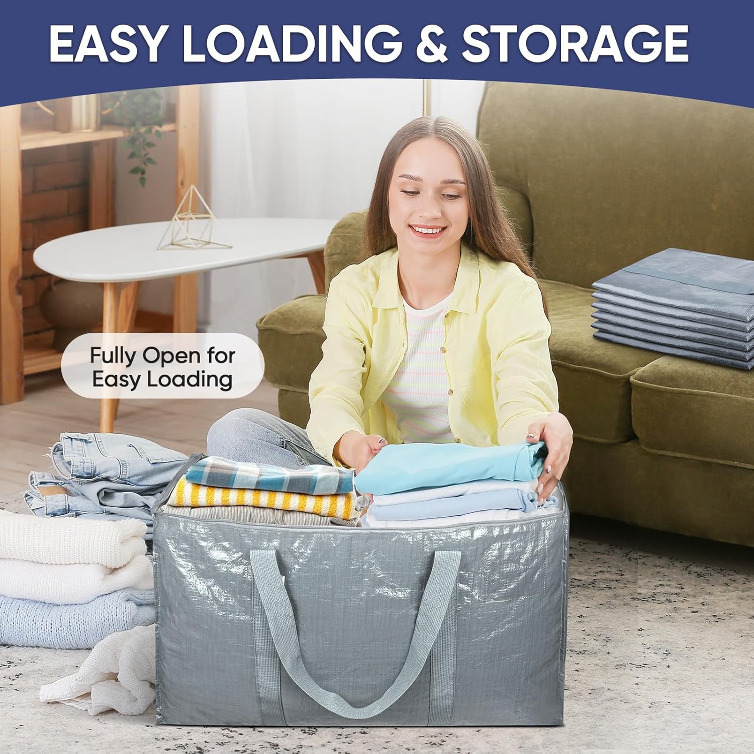 TICONN Extra Large Heavy-Duty Moving Bags - Durable Storage with Zippers & Handles | 2 Pack, Light Grey