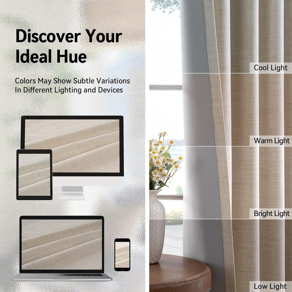 Skiennix 100% Blackout Linen Curtains - Thermal Insulated Drapes for Bedroom & Living Room | 50" W x 84" L, Oatmeal, 2 Panels
