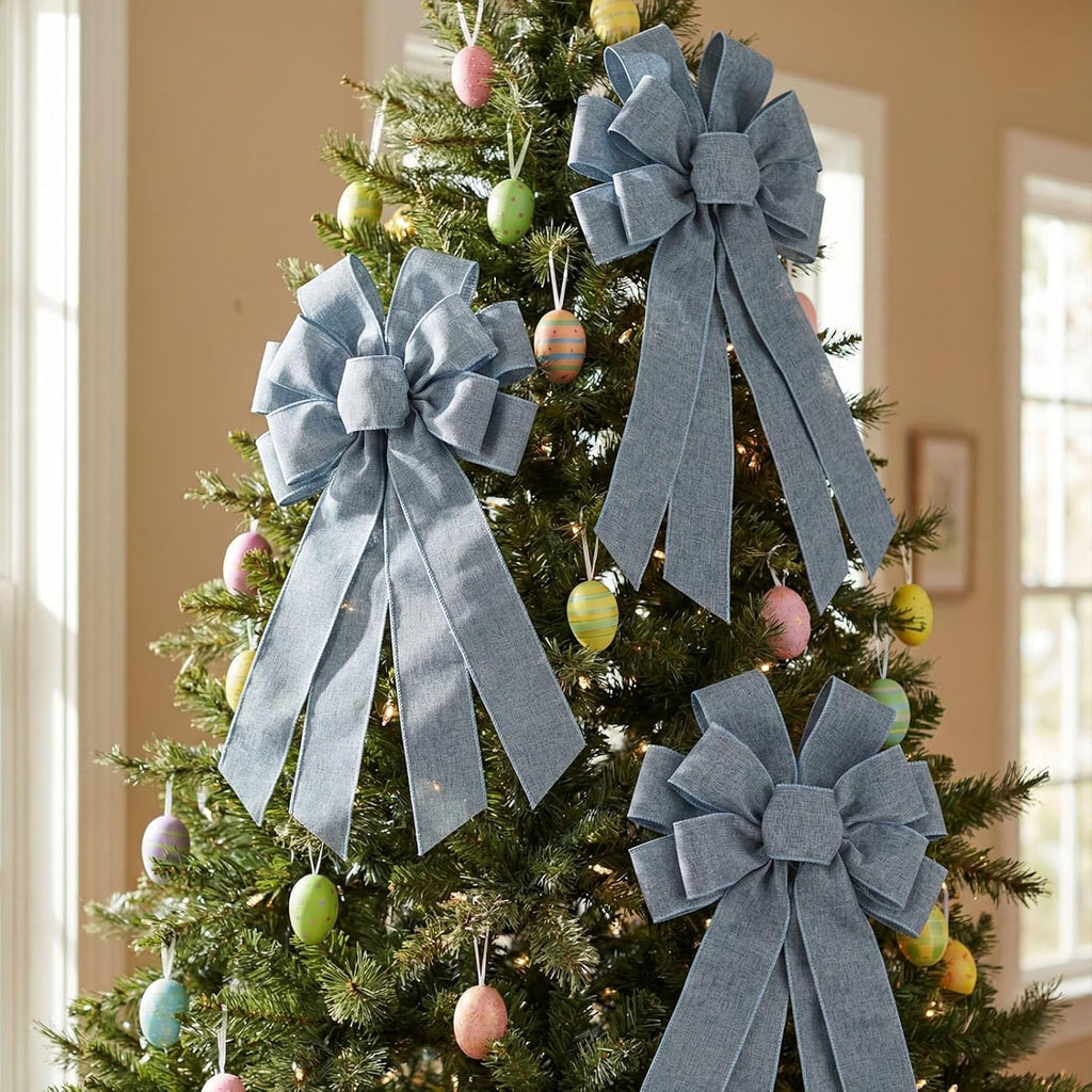 Skiennix Denim Blue Large Bow - 11x21 Inch Wired Ribbon for Wreaths & Spring Decor