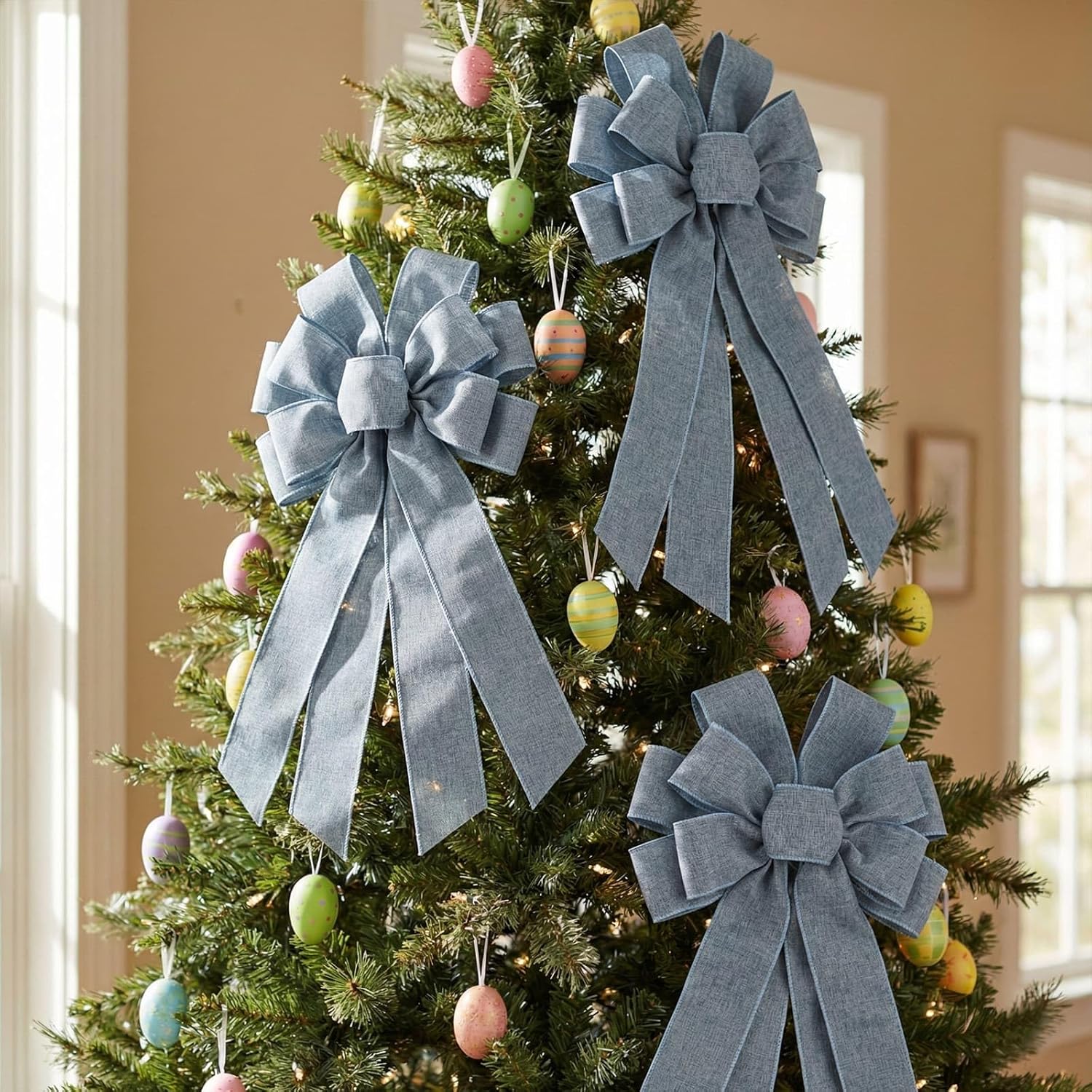 Skiennix Denim Blue Large Bow - 11x21 Inch Wired Ribbon for Wreaths & Spring Decor