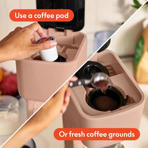 BELLA Single Serve Coffee Maker - K Cup & Ground Coffee Compatible, Adjustable Drip Tray, Auto Shutoff, 6oz to 14oz Brews, Blossom Color