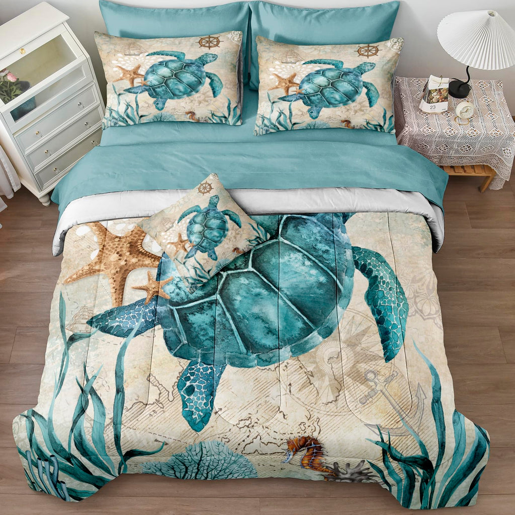 Merryword 8 Pieces Blue Green Comforter Set Full Size Ocean Life Bed in a Bag Turtle Beach Bedding Set Hawaii Style Summer Lightweight Bedding Comforter Set