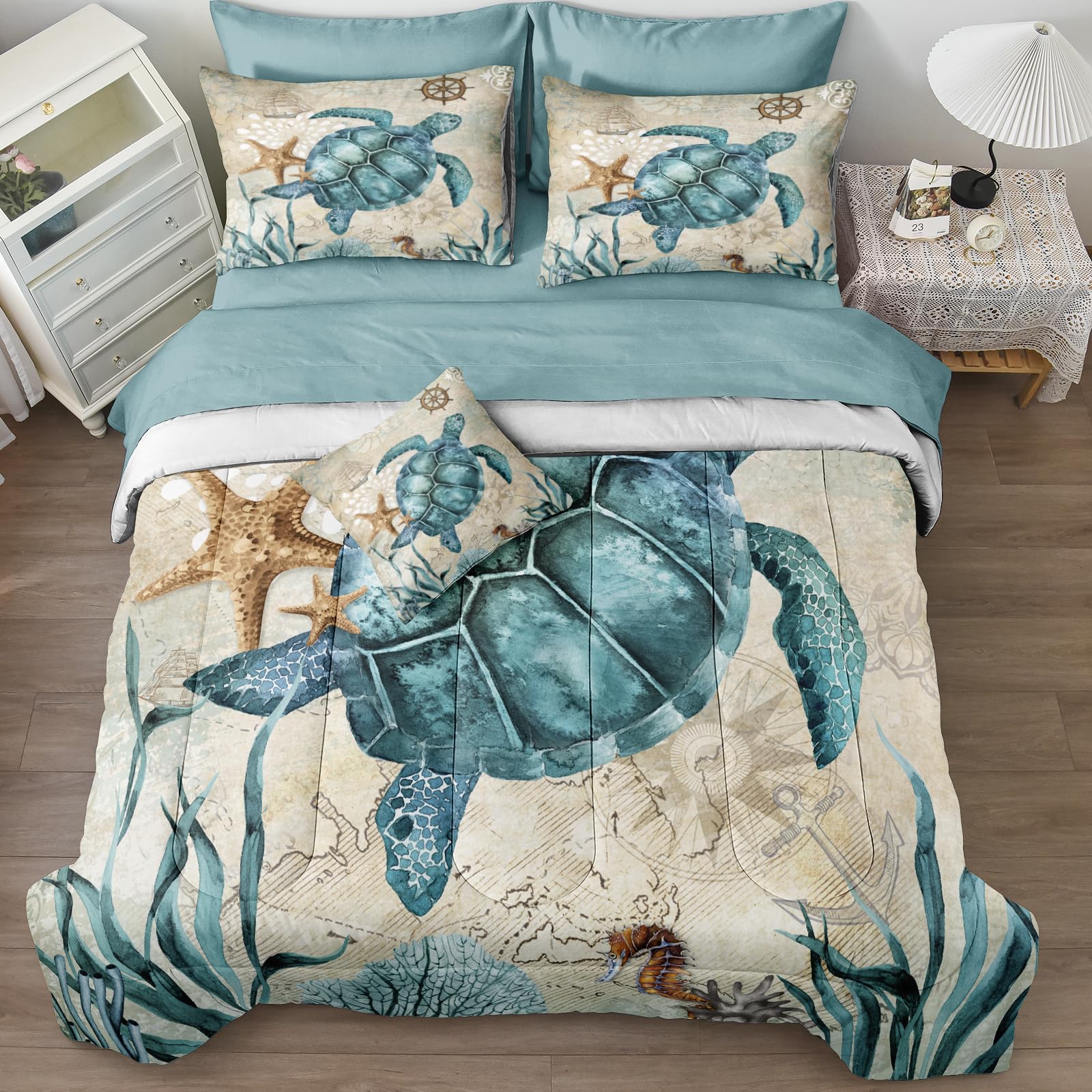 Merryword 8 Pieces Blue Green Comforter Set Full Size Ocean Life Bed in a Bag Turtle Beach Bedding Set Hawaii Style Summer Lightweight Bedding Comforter Set