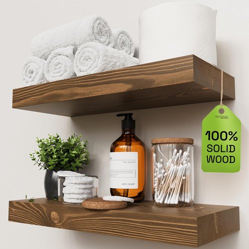 BAOBAB WORKSHOP Floating Wood Shelves - 16-Inch Walnut Wall-Mounted Set of 2 for Bathroom & Kitchen