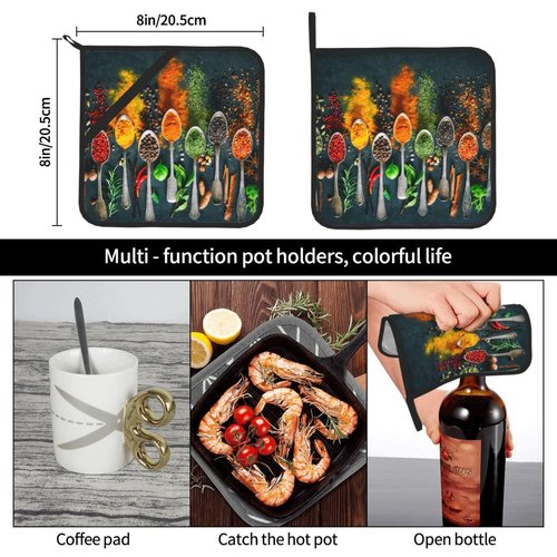 Different Kinds of Spices Placed in Spoon Oven Mitts and Pot Holders Sets of 4, Chili Pepper Silicone Oven Mitts Heat Resistant, Non-Slip BBQ Gloves for Kitchen Cooking Baking Grilling Microwave