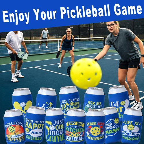 Xumbtvs Pickleball Themed Can Cooler, 12 Pcs Insulator Neoprene Beer Cans Sleeve for Party Decorations Favor Supplies, Funny Pickleball Gifts Accessories for Women Men
