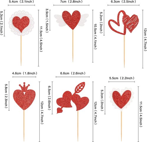 Ercadio Red Heart Cupcake Toppers - Glittery Valentine’s Day Picks for Bridal Showers & Parties | 24 Pack