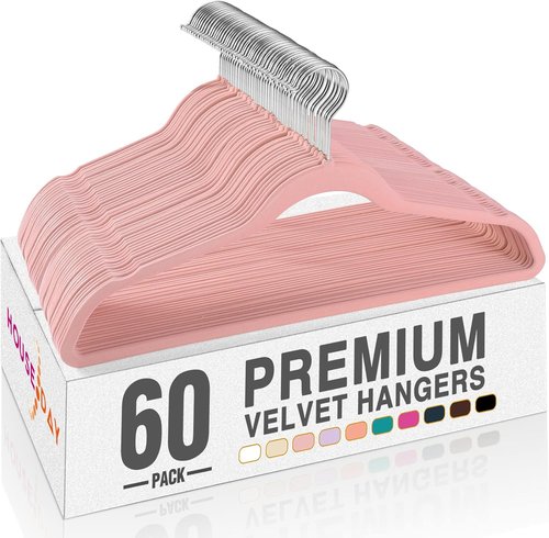 HOUSE DAY Velvet Hangers - 60 Pack Non-Slip Heavy Duty Clothes Hangers | Lt Pink Slim Space-Saving Design