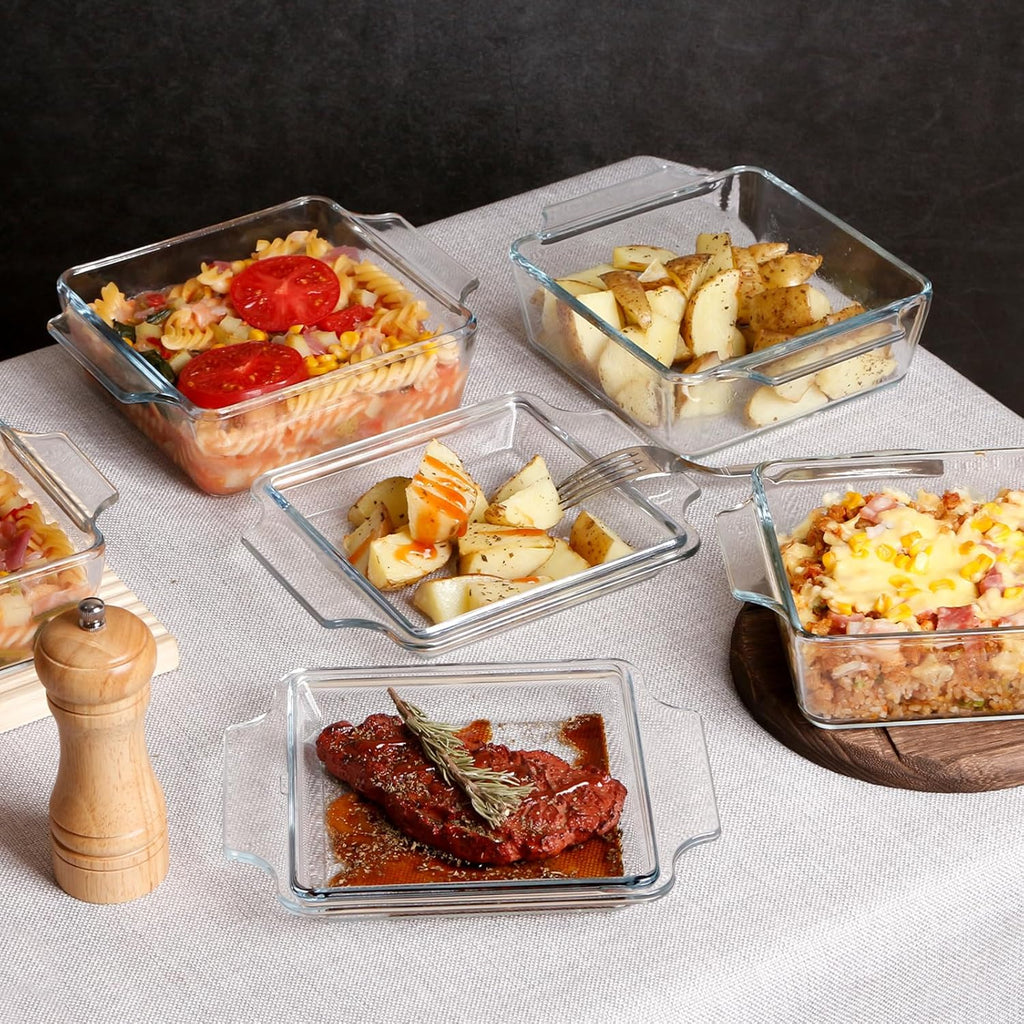 Set of 2 Glass Casserole Dishes by [Brand Name] - Oven Safe Square 6in x 6in with Glass Lids