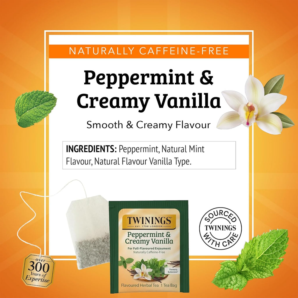 Twinings Herbal Tea - Peppermint & Creamy Vanilla, Caffeine-Free, 20 Individually Wrapped Bags (Pack of 2)