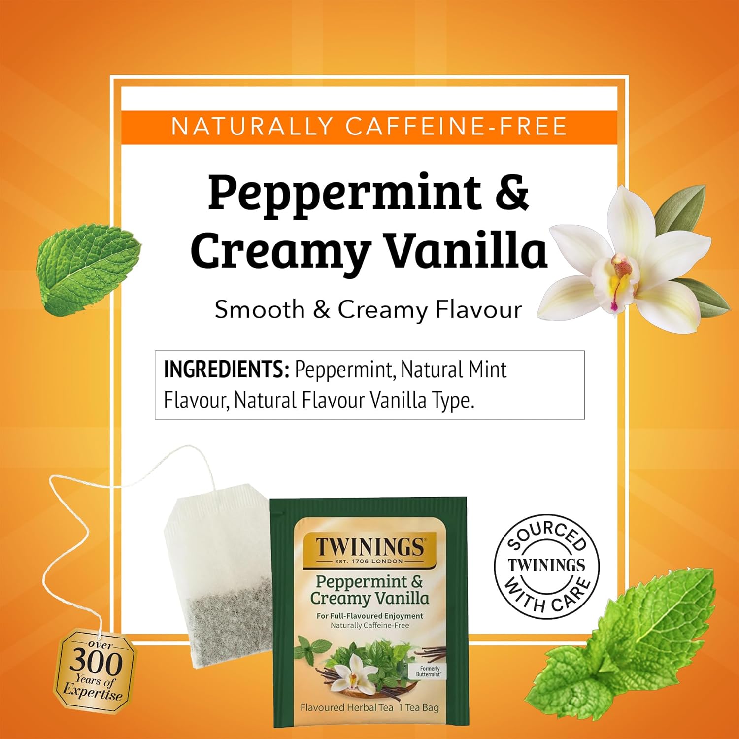 Twinings Peppermint & Creamy Vanilla Herbal Tea - Caffeine-Free, 20 Individually Wrapped Bags (Pack of 6)