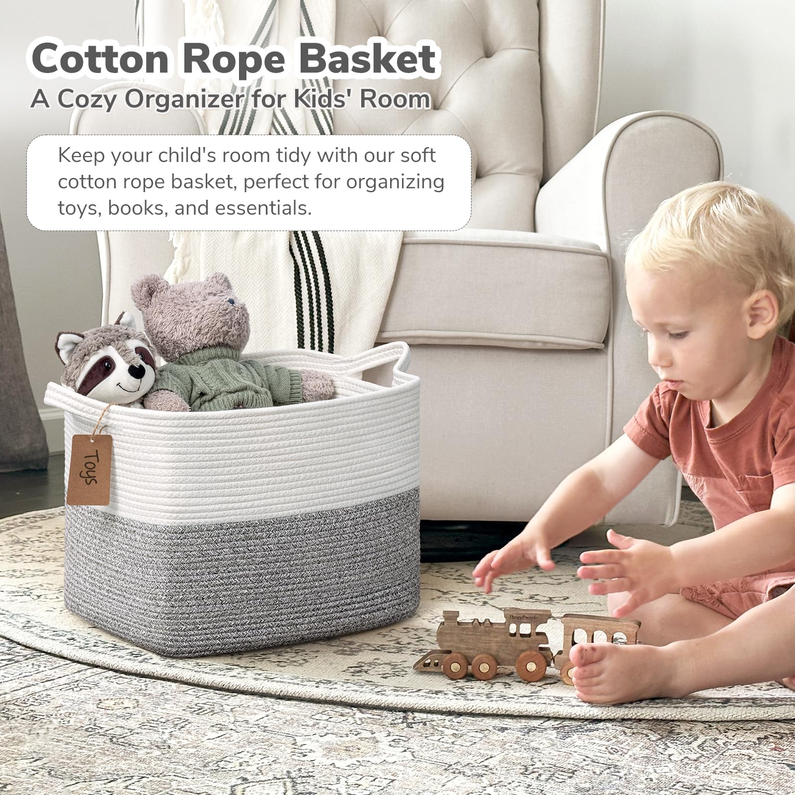 Goodpick Woven Storage Basket, Cotton Rope Baskets with Handles, Toy Baskets Storage Kids, Blanket Basket for Living Room, Bedroom, Gray and White, 18 x 14 x 12 Inches