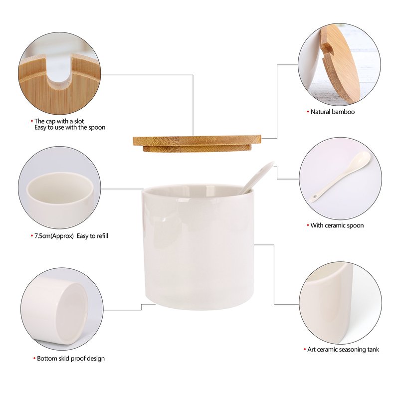 Lucky Goddness June Sky Ceramic Food Storage Containers with Bamboo Lid- Modern Design Porcelain Jar- Perfect Canister for Sugar Bowl Serving Tea, Coffee, Spice- Condiment Pot 8 oz, white