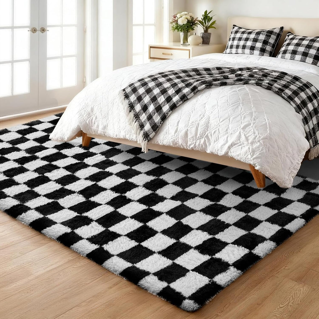 Ophanie Checkered Black & White Area Rug - Fluffy Soft Shaggy Carpet for Living Room & Bedroom | 6x9 Furry Design
