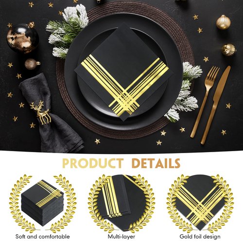 Mimorou 200 Pcs Black and Gold Napkins, 5 x 5 Inch Disposable Cocktail and Dessert Napkins with Gold Trim for Wedding Anniversary Birthday Events