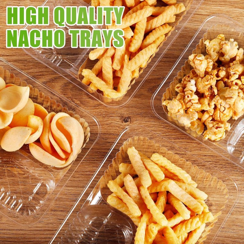 CLRBEATTY 200 PCS Plastic Nacho Trays,6x5 Inch Disposable Nacho Cheese Trays,Clear Nachos Containers,2 Compartments Snack Tray with Chip and Dip Holder for Parties Movie Night Supplies
