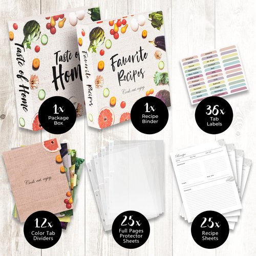 CraftSaints Recipe Binder 8.5x11, 3 Ring DIY Cookbook Binder Kit 12 Dividers & 25 Plastic Sleeves & 25 Recipe Pages & 36 Labels, Recipe Organizer Binder Kit, Recipe Book (Vegetable)